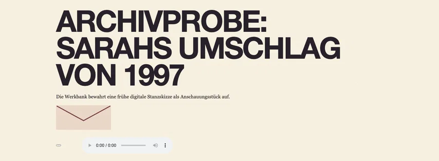 Dieselbe Archivprobe ohne Markierung. Die Umschlagskizze sieht unverändert aus; ihr linker Linkbereich heißt jetzt „Zur Archivprobe: Sarahs Umschlag von 1997“.