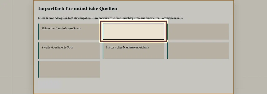 Quellenablage mit Überschrift und sieben Feldern. Die leere Schaltfläche in der oberen Mitte ist markiert; ihr Braille-Text Karte ist nicht sichtbar.