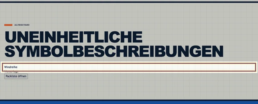 Abschnitt „Altbestand – Uneinheitliche Symbolbeschreibungen“. Die Tabellenzeile „Windreihe“ ist markiert; Überschrift, der Eintrag „Wetterlage“ und die Schaltfläche „Packliste öffnen“ bleiben im Ausschnitt sichtbar.
