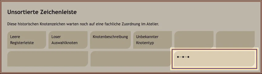 Unsortierte Zeichenleiste mit Überschrift und neun Feldern. Unten rechts ist die Grafik mit drei verbundenen Knoten markiert.
