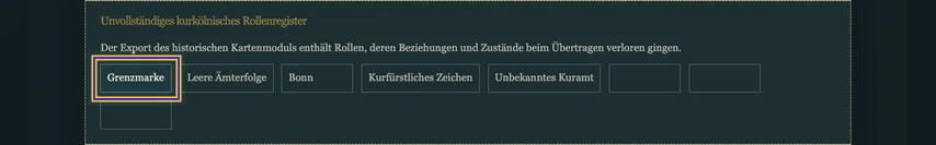 Das vollständige kurkölnische Rollenregister mit Überschrift und Exporthinweis. Das Feld Grenzmarke links ist markiert; ihm fehlt aria-checked.