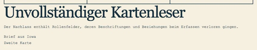 Derselbe vollständige Kartenleser ohne Befundmarkierung. Die unsichtbare HTML-Korrektur zeichnet „Brief aus Iowa“ jetzt als Option des Kartenstapels aus.