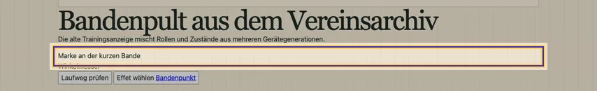 Archivabschnitt Bandenpult mit Überschrift, Einleitung und zwei Schaltflächen. Die Zeile „Marke an der kurzen Bande“ ist markiert; ihre fehlerhafte Rollenbeschreibung ist im Bild nicht sichtbar.
