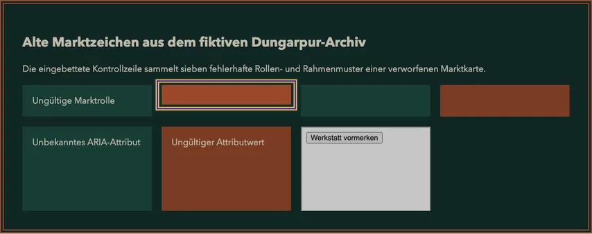 Fiktives Dungarpur-Archiv mit Überschrift und Kontrollzeile. Markiert ist das leere braune Tab-Feld an zweiter Position der oberen Reihe.