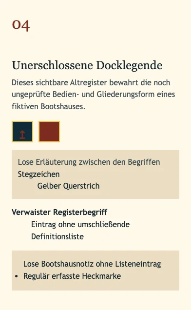 Dieselbe vollständige Docklegende ohne Befundmarkierung. Die rechte Checkbox sieht unverändert aus; ihr ergänzter zugänglicher Name lautet Dockmarkierung.