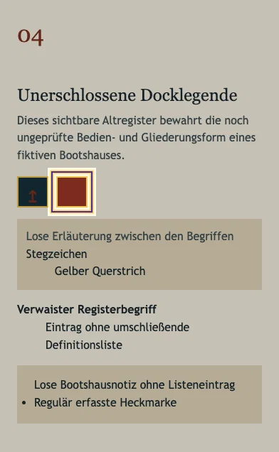 Archivkasten „Unerschlossene Docklegende“ mit zwei quadratischen Feldern. Das rechte Auswahlfeld ist als namenlose Checkbox markiert; Überschrift und Archivnotizen bleiben im Bild.