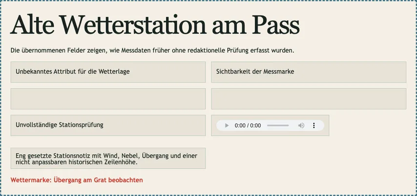 Derselbe vollständige Abschnitt der Wetterstation ohne Befundmarkierung. Das Namensfeld ist visuell unverändert; im HTML steht jetzt autocomplete="name".