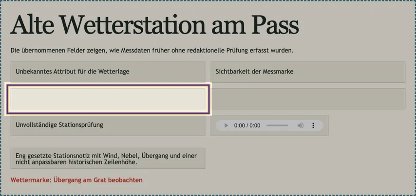 Vollständiger Abschnitt „Alte Wetterstation am Pass“. Das leere Namensfeld links in der zweiten Zeile ist markiert. Sein unsichtbarer Autocomplete-Wert lautet berghuette.