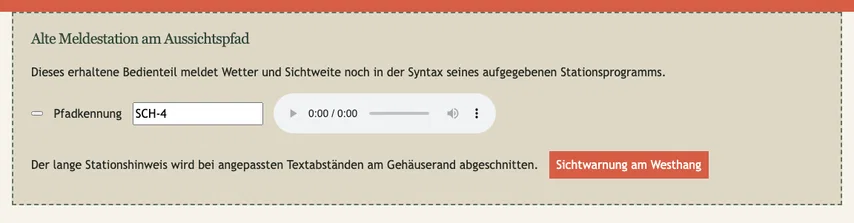 Dieselbe Meldestation nach der CSS-Korrektur in der Standardansicht. Der Stationshinweis besitzt überschreibbare Abstände und eine inhaltabhängige Höhe; der Text ist unverändert.