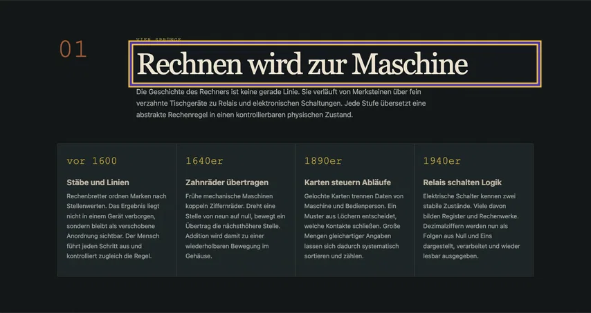 Abschnitt zur Geschichte des Rechners mit markiertem Titel und vollständig sichtbarem Zeitstrahl. Dem Titel fehlt trotz großer Schrift die Überschriftensemantik.