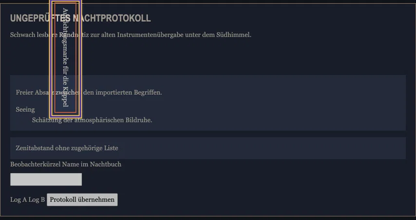 Das Nachtprotokoll mit Überschrift, Begriffen und Formular. Die senkrecht gedrehte Textkarte ist markiert und überlagert die Überschrift sowie Nachbartext.