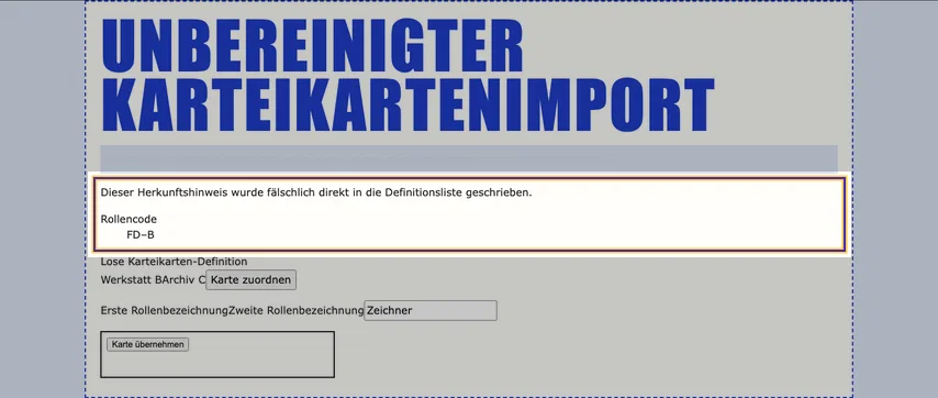 Karteikartenimport mit Überschrift und Zuordnungsfeldern. Markiert sind der Herkunftshinweis sowie Rollencode und FD–B, die gemeinsam im dl stehen.