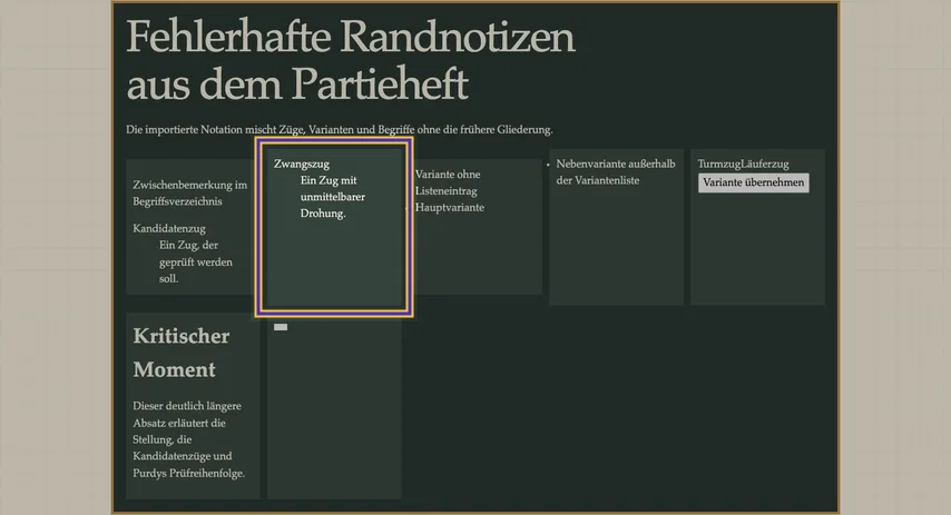 Vollständiger Notizbereich mit Überschrift und mehreren Feldern. Das zweite Feld mit dem Begriff Zwangszug und seiner vollständigen Beschreibung ist markiert.