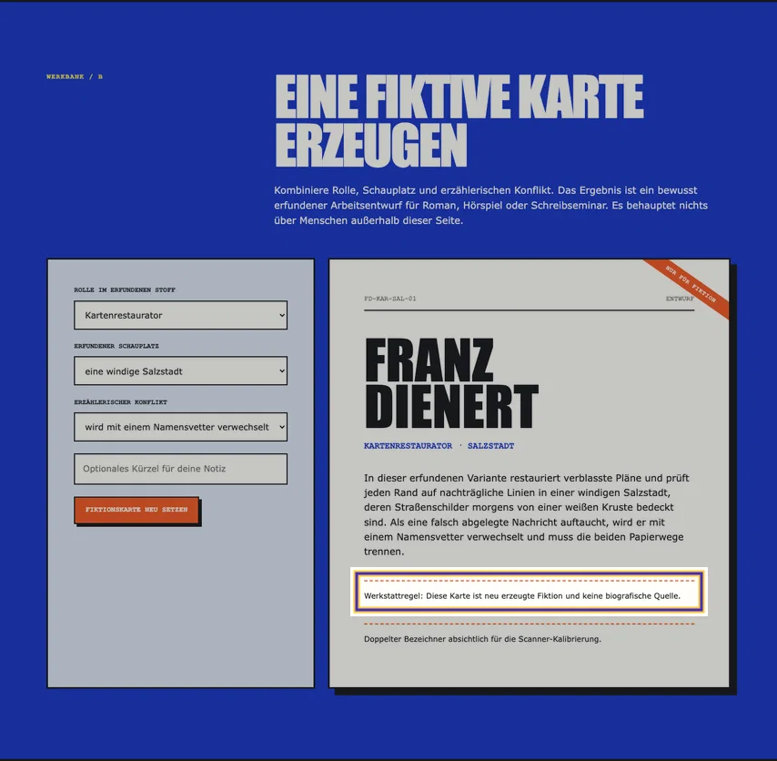 Vollständige Werkbank mit Auswahlformular links und fiktiver Franz-Dienert-Karte rechts. Die markierte Werkstattregel teilt ihre ID mit dem darunterstehenden Kalibrierhinweis.
