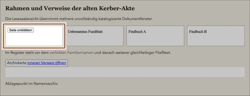 Lesesaalansicht der Kerber-Akte mit vier Dokumentfenstern. Das erste Fenster mit dem Button „Seite umblättern“ ist markiert.