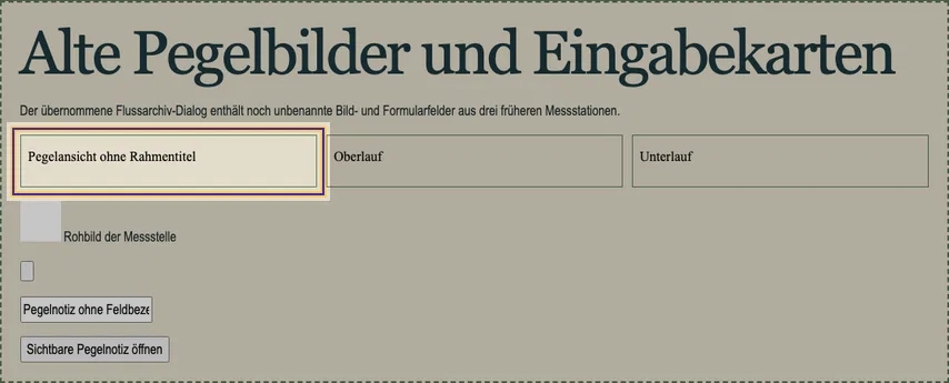 Archivbereich mit Überschrift, drei Pegelfenstern und Eingabekarten. Das linke Fenster „Pegelansicht ohne Rahmentitel“ ist markiert; ihm fehlt der zugängliche Name.