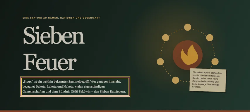Einstieg „Sieben Feuer“ mit Ratsfeuer-Grafik. Der deutsche Erklärabsatz ist markiert; die ungültige Dokumentsprache xx-sioux ist im Bild selbst nicht sichtbar.
