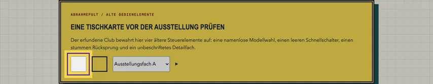 Gelbes Abnahmepult mit Überschrift zur Tischkartenprüfung. Links neben Rücksprung und Fachauswahl ist die graue Schaltfläche ohne Text markiert.