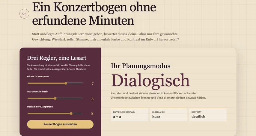 Derselbe Konzertplaner ohne Markierung. Die unsichtbare Namenszuordnung des ersten Reglers ist ergänzt; die drei Regler und das Ergebnis sehen unverändert aus.