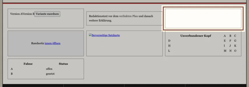 Prüfraster einer unkorrigierten Satzfahne mit mehreren umrandeten Feldern. Das leere Feld rechts in der oberen Reihe ist als Befund markiert.