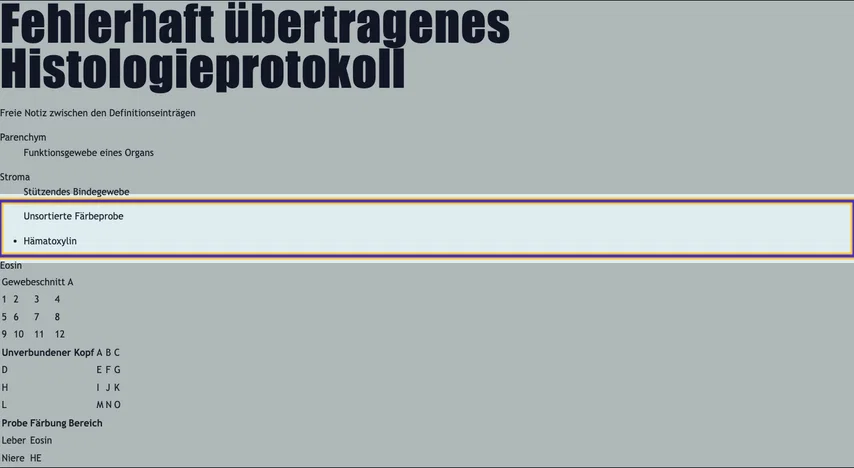 Vollständiges Histologieprotokoll mit Definitionen und Tabellen. Die markierte Liste umfasst den Absatz „Unsortierte Färbeprobe“ und den Eintrag „Hämatoxylin“.