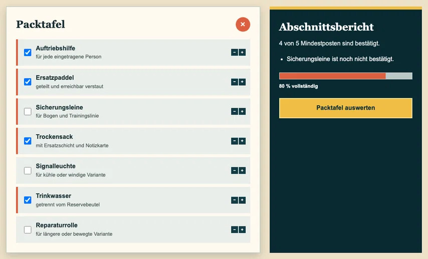Dieselbe vollständige Arbeitsfläche mit Packtafel und Abschnittsbericht ohne Markierung. Das Layout bleibt identisch; nur die Zoom-Beschränkungen im unsichtbaren Dokumentkopf wurden entfernt.