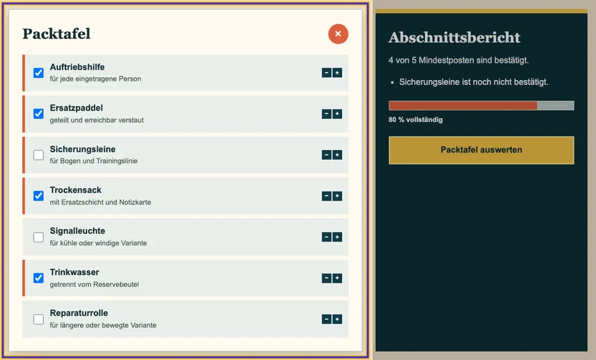 Arbeitsfläche „Packtafel“ mit sieben Ausrüstungsposten, jeweils einer kleinen Zusatzzeile und schmalen Plus- und Minus-Schaltern; rechts der Abschnittsbericht. Die Packtafel ist als von der unsichtbaren Viewport-Sperre betroffen markiert.