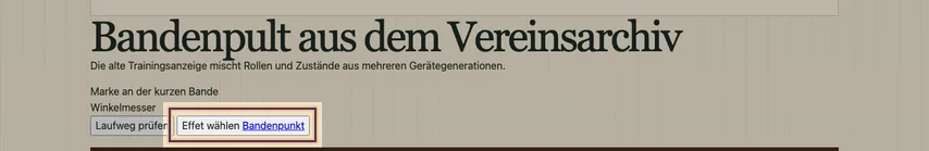 Bandenpult aus dem Vereinsarchiv mit Überschrift und Trainingskontrollen. Der markierte Button „Effet wählen“ enthält den Link „Bandenpunkt“.