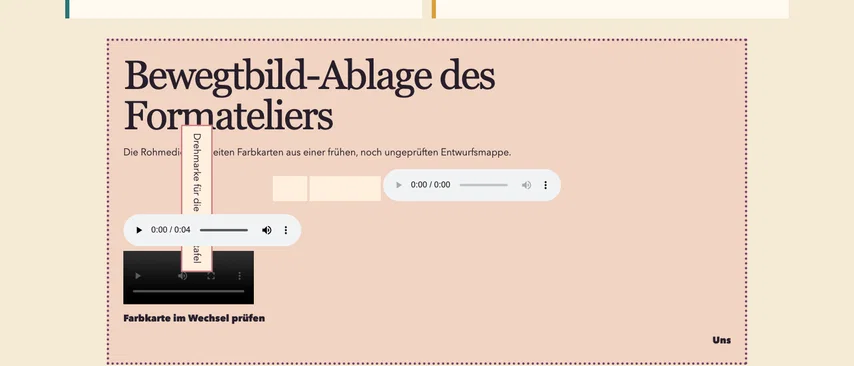 Dieselbe Medienablage mit einem zusätzlichen Audioplayer über dem Video: 0:00 / 0:04, Starttaste und Lautstärkeregler für den Atelierton. Der vorher sichtbare leere Audioplayer bleibt erhalten.