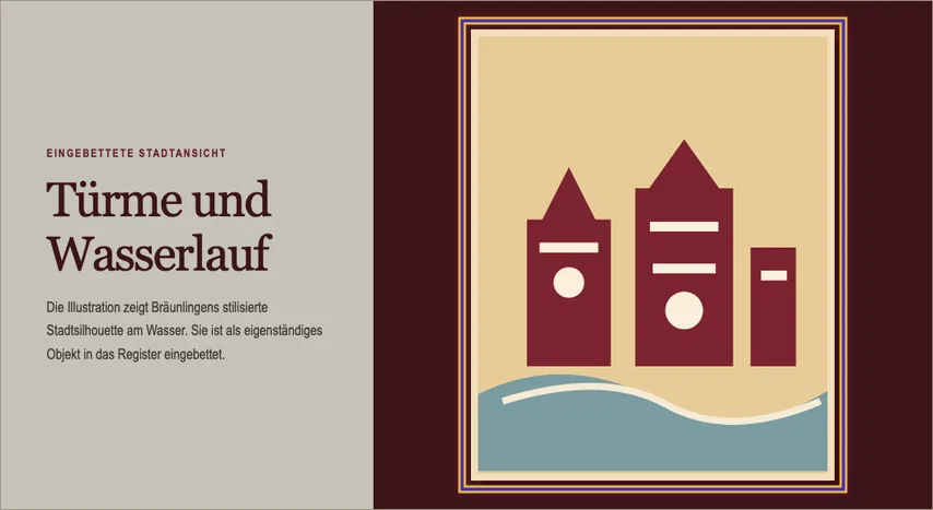 Registerausschnitt mit erklärendem Text links und einer stilisierten Stadtansicht mit drei Türmen und Wasserlauf rechts. Die sichtbare Illustration ist als Befund markiert.