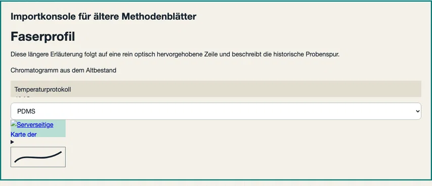 Dieselbe Importkonsole nach dem Ersatz des Absatzes durch h3. Faserprofil besitzt nun eine Überschriftenebene; durch die h3-Zeilenhöhe stehen die Folgeinhalte etwas höher.
