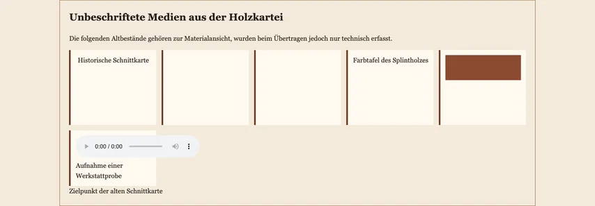 Dasselbe Medienarchiv ohne Markierung. Die vierte Karte zeigt unverändert „Farbtafel des Splintholzes“; ihre unsichtbare Bildrolle wurde entfernt.