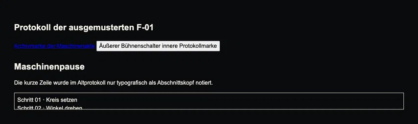 Derselbe vollständige Abschnitt ohne Befundmarkierung. Das unveränderte Protokollfenster hat nun tabindex 0 und den zugänglichen Namen Schrittprotokoll; diese Attribute sind im Bild nicht sichtbar.