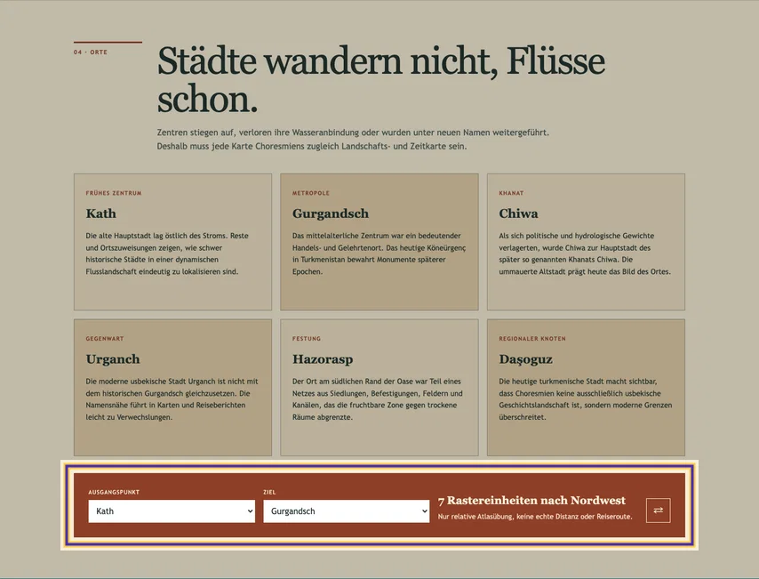 Ortsabschnitt des Oasenatlas mit sechs Städtekarten. Die markierte Bedienzeile zeigt links Ausgangspunkt mit Kath, rechts Ziel mit Gurgandsch und das Ergebnis der Atlasübung.