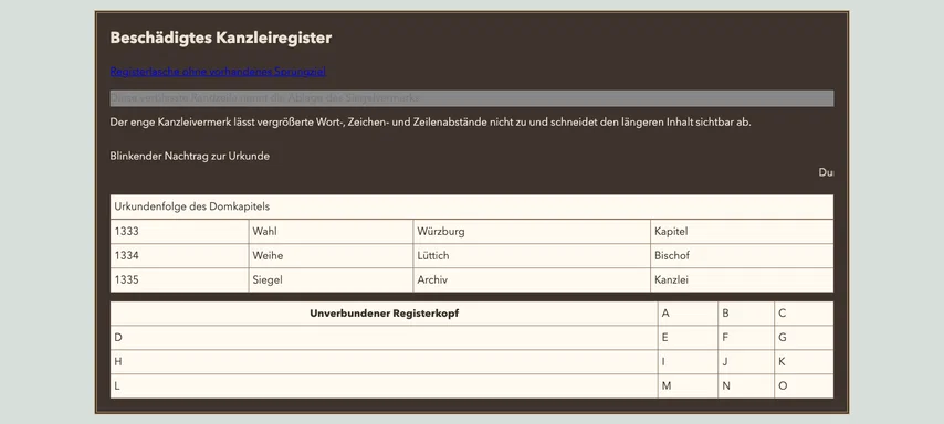 Derselbe Registerabschnitt nach der Korrektur. Der Titel Urkundenfolge des Domkapitels bleibt oberhalb der drei Datenzeilen sichtbar und ist jetzt als caption zugeordnet.